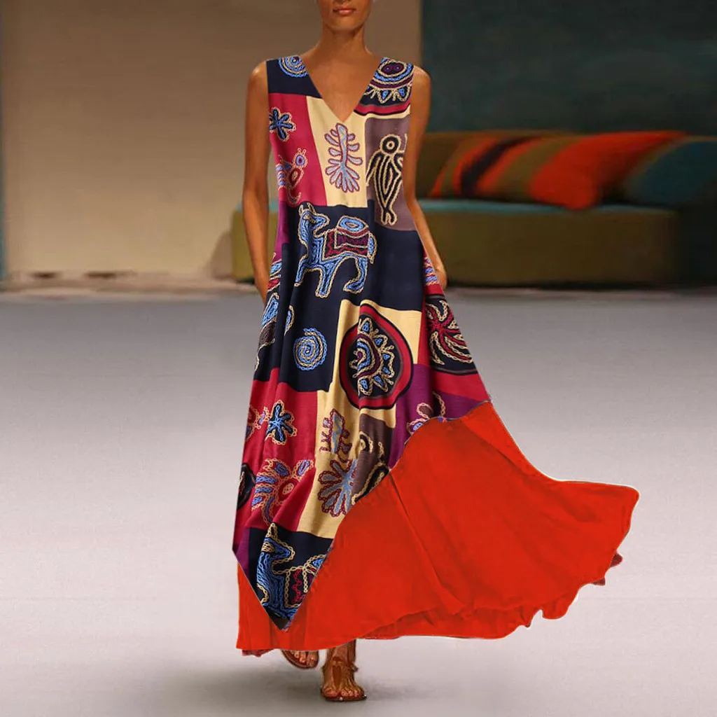 Женское винтажное лоскутное платье без рукавов хлопковое с v образным вырезом