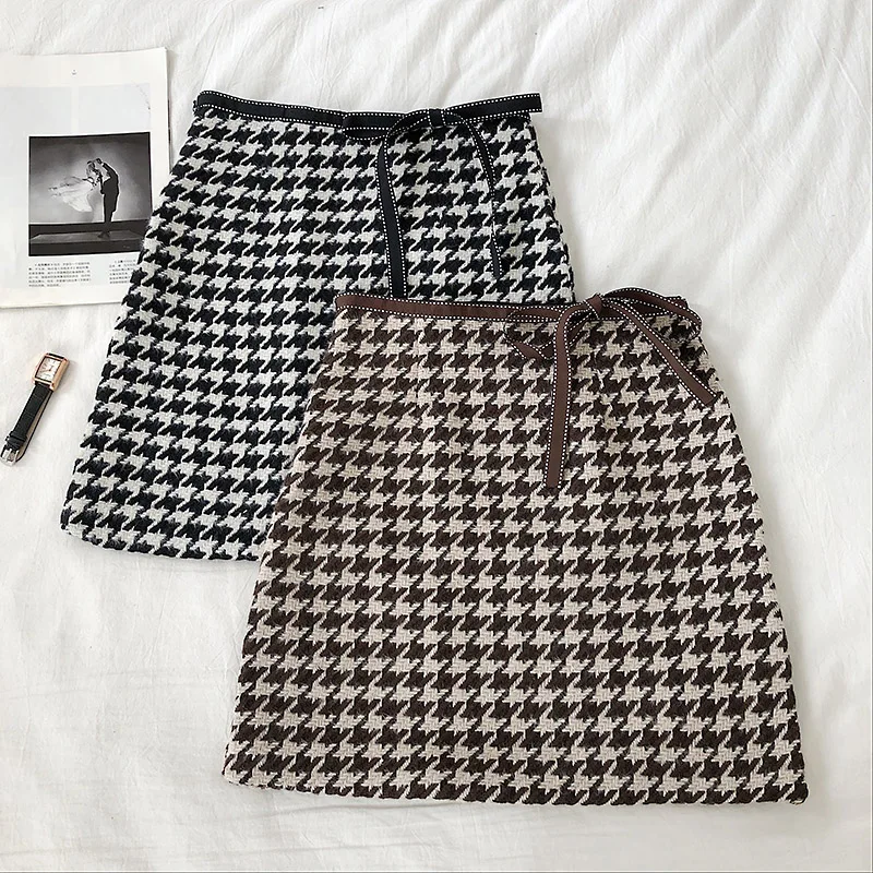 

Winter Plaid Bow Women Skirt Kawaii Lace Up A-line High Waist Mini Skirts Ladies Elegant Invisible Zipper Korean Thicken Skirt