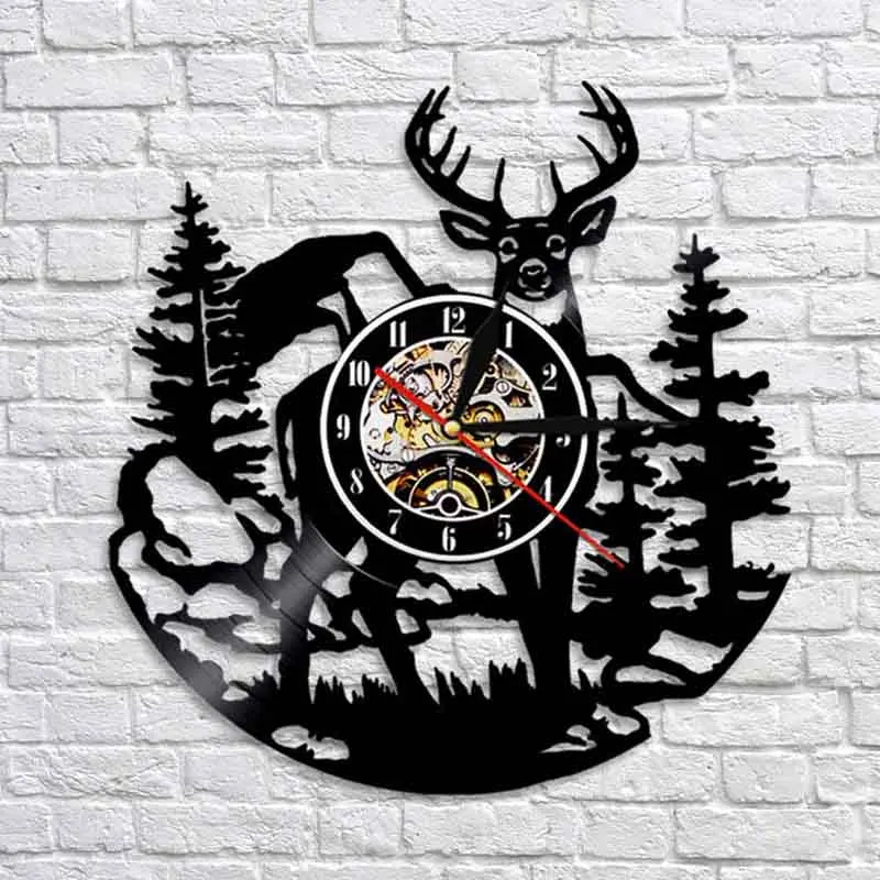 Birch Tree Forest Deer Vinyl Record Wall Clockสัตว์ล่าสัตว์คลับไวนิลนาฬิกาLEDนาฬิกาHome Decorคริสต์มาสของขวัญ