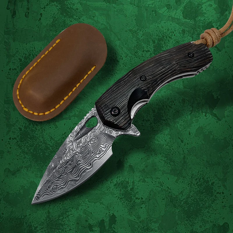 

Damascus Pocket Folding Knife Handmade VG10 Steel Core Wooden Handle With Leather Case Self-Defense Hunting Camping EDC Tool