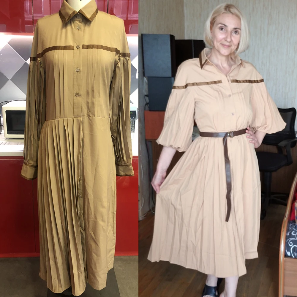 

office ladies long pleated dress elegant women khaki lantern long sleeve autumn vestidos korean oversized casual maxi dresses