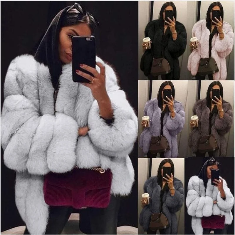 

Autumn Winter New Fashion O-Neck Thin Long Sleeve Plush Fashion Temperament Women Coats Faux Fur Coat Women
