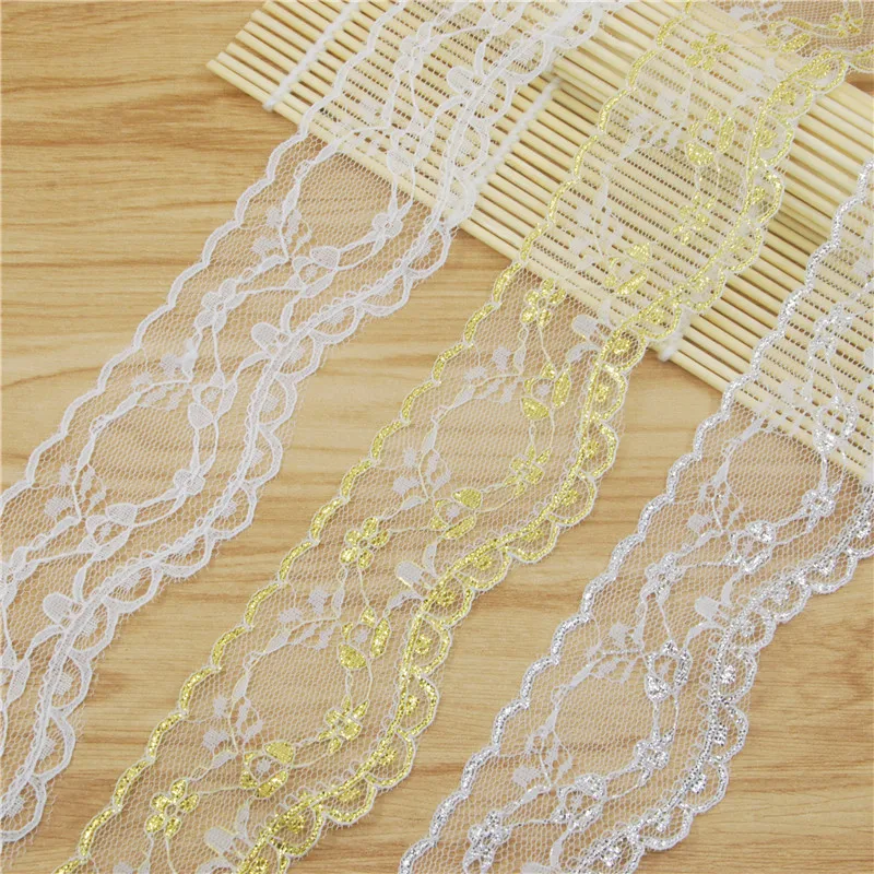 Tela de encaje de poli&eacute;ster, accesorios de costura, cinta de decoraci&oacute;n para vestido de novia, suministros de artesan&iacute;a, oro y plata, 50mm, 50 yardas, L213-4