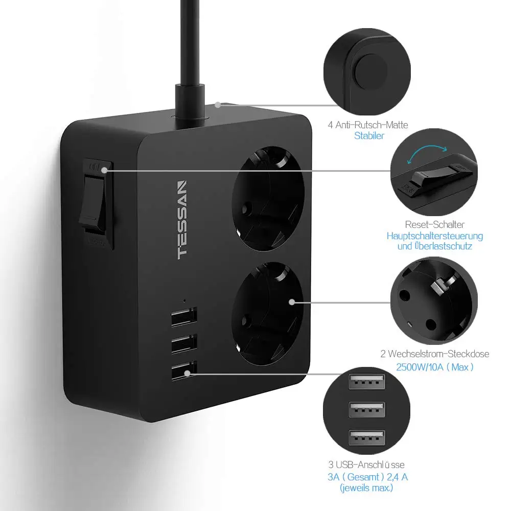 ЕС USB-розетка TESSAN с 2 розетками переменного тока 3 USB-порта и переключателем кабель