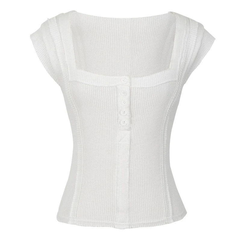 

Square Collar Knitted Ribbed Stretch Women T-Shirt Retro Button Decoration Basic Tee Top Commuter Simple Clothes Female Slim Top