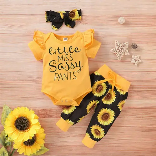 

3Pcs Baby Girl Clothes Newborn Ruffle Short Sleeve Letter Romper Tops Girls Sunflower Long/Short Pants Headband Outfits Set