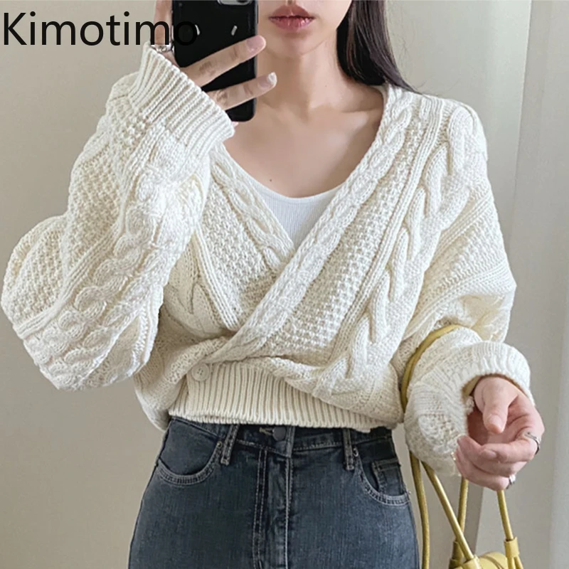 

Kimotimo Twist Short Knit Cardigan Women Korean Chic Design V Neck Side One Button Sweater Coat Autumn Waist Long Sleeve Tops