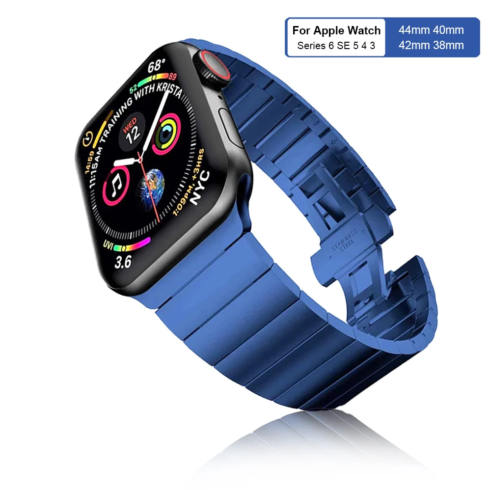 

Ремешок металлический для Apple watch Series 6 5 SE 44 мм 40 мм, браслет из нержавеющей стали для наручных часов, с застежкой-бабочкой, синий, 38 мм