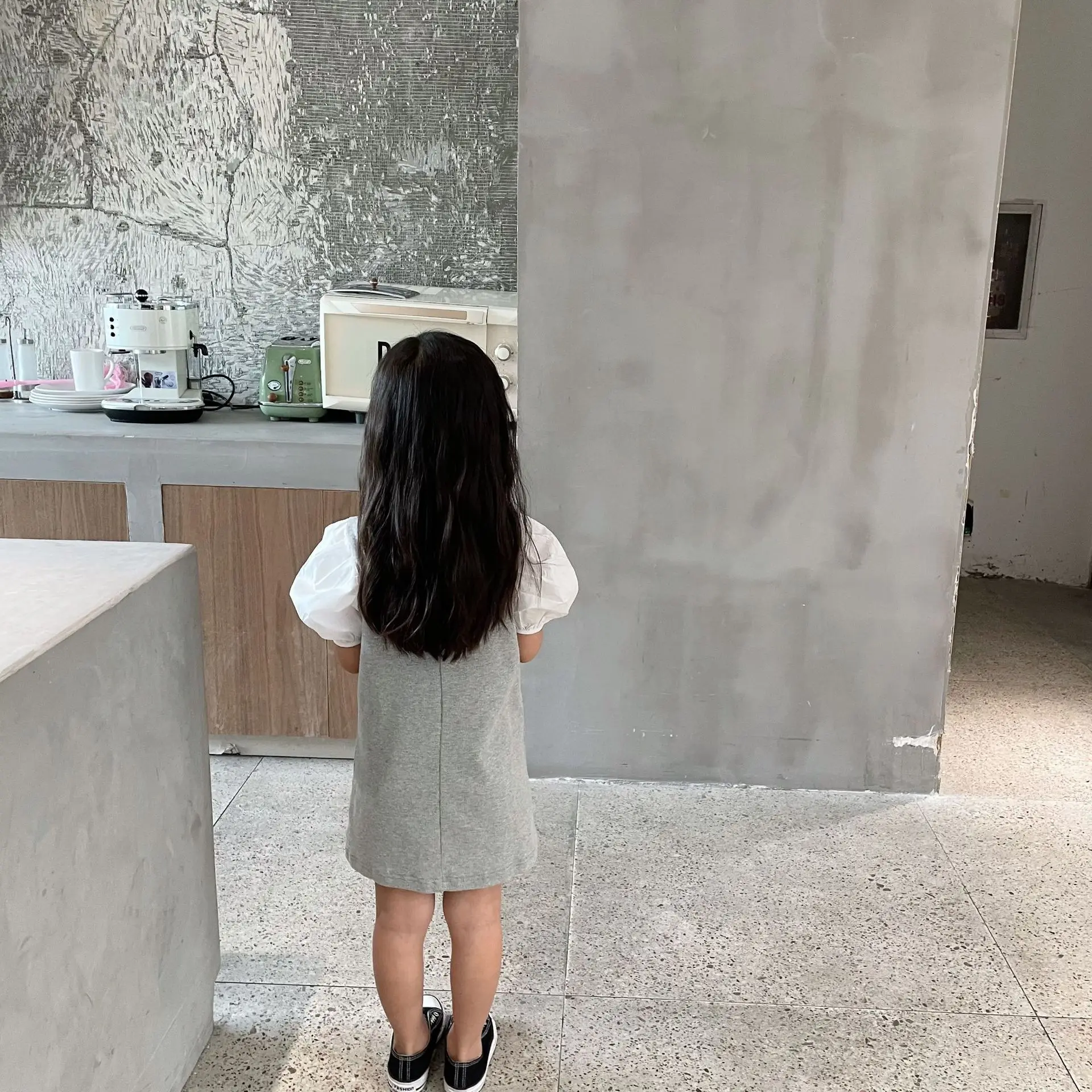 

WLG girls patchwork dresses kids clothes summer gray black puff sleeve letter printed dress baby girl casual clothes