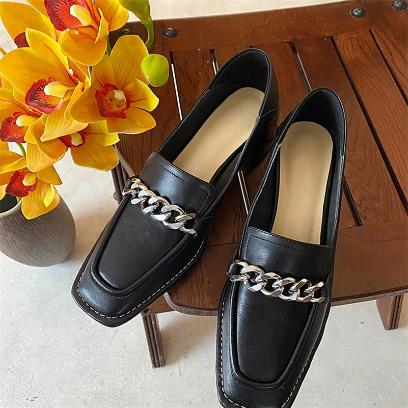 

Meotina Natural Genuine Leather High Heel Shoes Women Square Toe Pumps Chain Chunky Heels Footwear Slip On Dress Shoes Beige