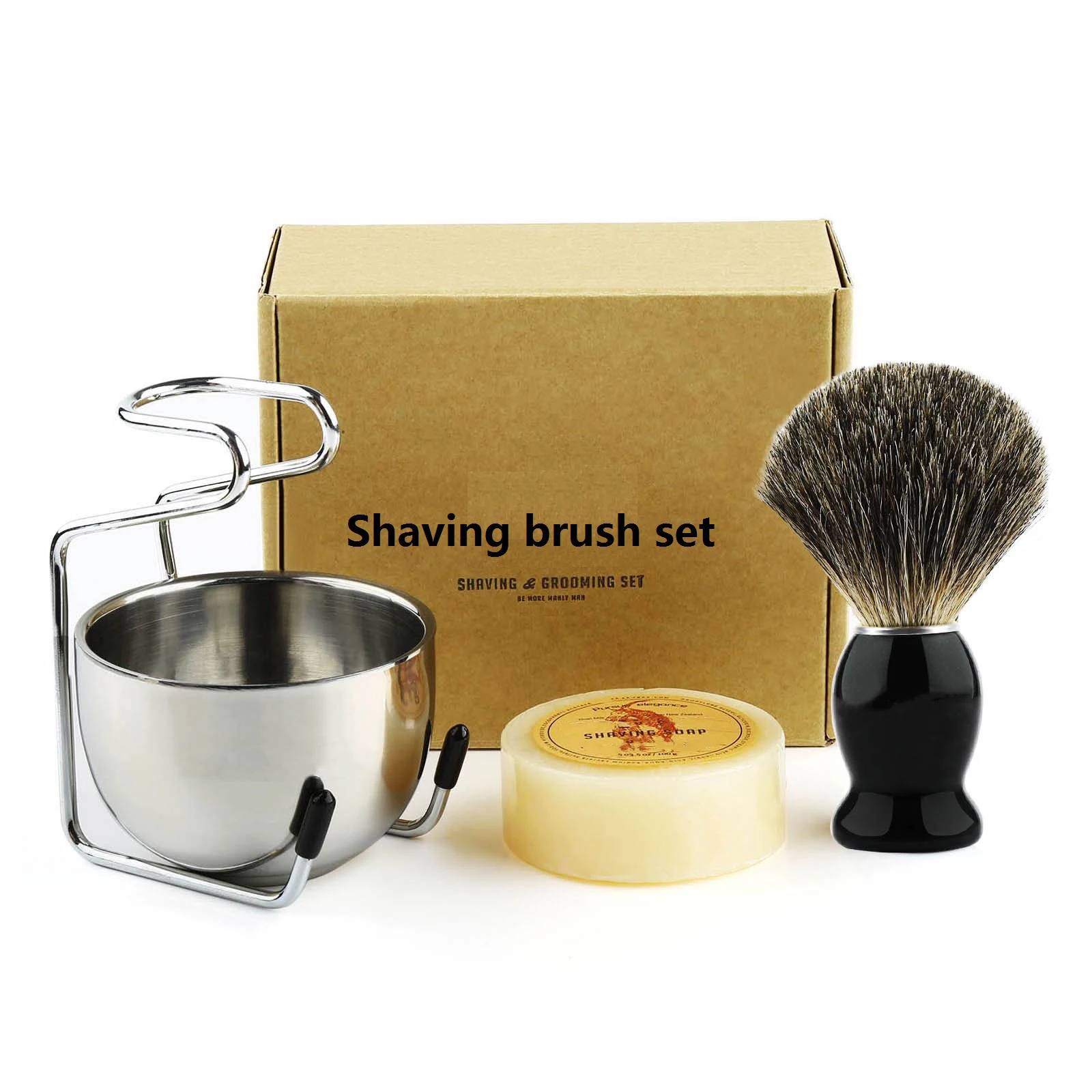 

4in1 Shaving Brush Set,Badger Bristles Shaving Brush Wood Handle Goat Milk Soap 100g Stainless Steel Stand Soap Cup Kit for Men