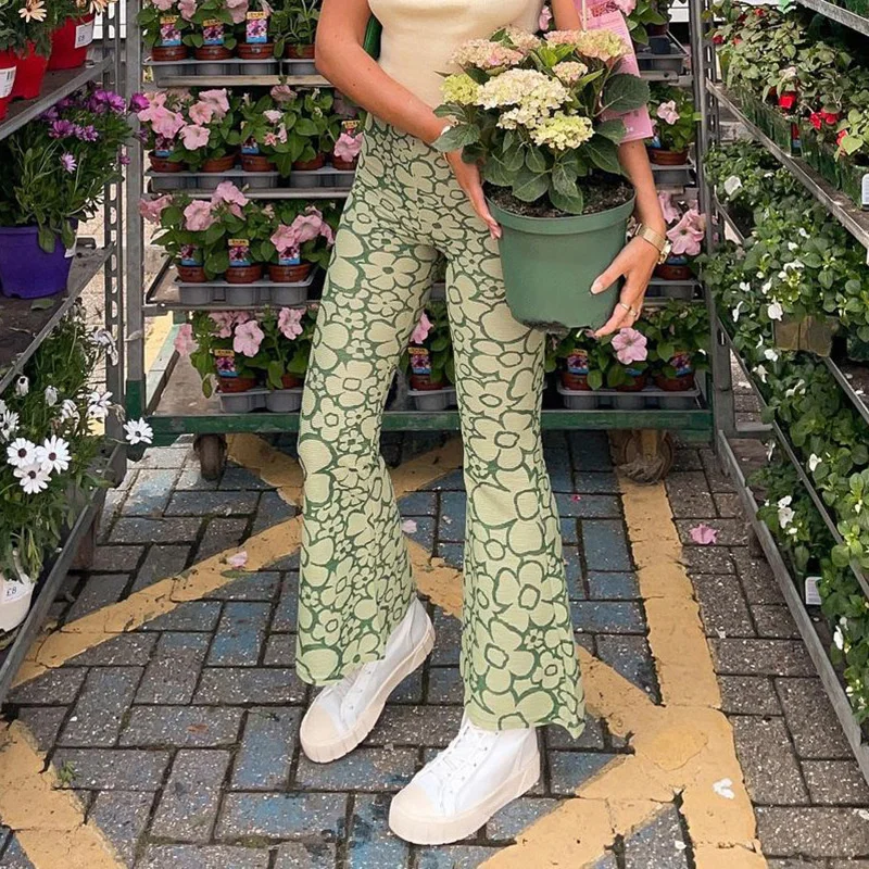 

Za High Waist Floral Pants Loose Casual Long Flare Pants 2021 Summer Fashion Vintage Bodycon Sexy Women Green Printed Pants