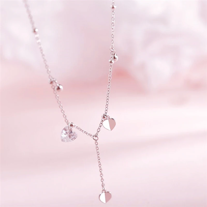

WYEAIIR 925 Sterling Silver Zircon Drop Heart Tassel Clavicle Chain Female Necklace
