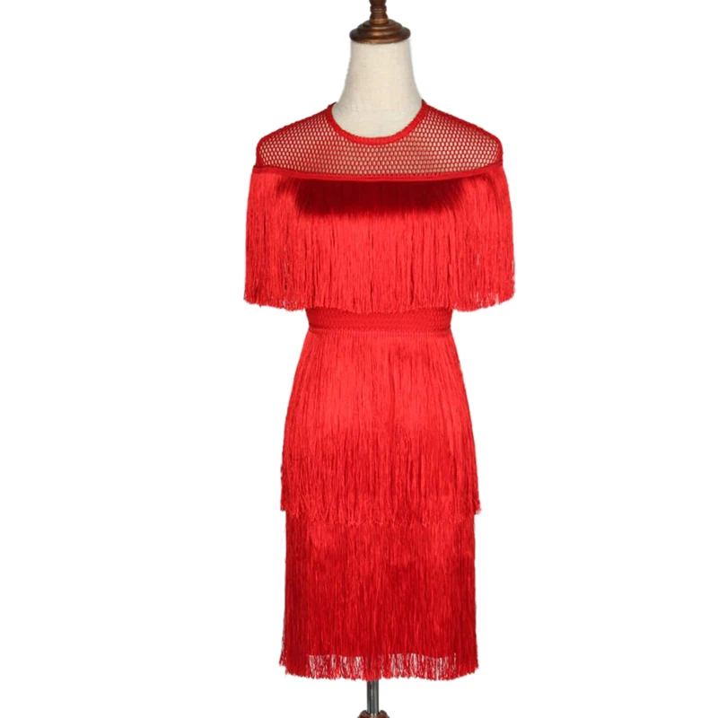 Red Женское винтажное платье, летнее, с кисточками, многослойное, Vestido, вечерние, Клубная одежда, платья с бахромой, Пляжное, Сетчатое, обтягивающее, модное, Дамское, однотонное, миди платье - Цвет: Red