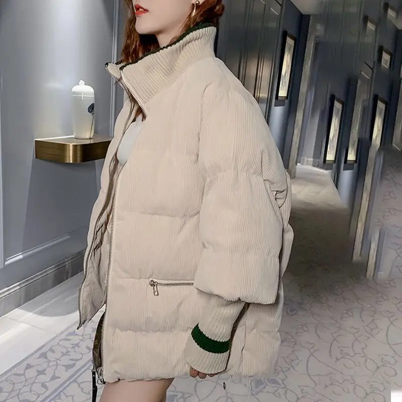 Autumn and Winter New Corduroy Letter Printing Solid Color Loose Simple Zipper Cardigan Jacket Plus Velvet Thick Down Jacket