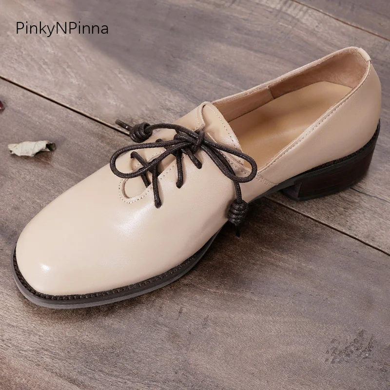 

vintage women genuine leahter chunk heels laced up casual shoes Oxford commuter chick sheepskin insole preppy style big size
