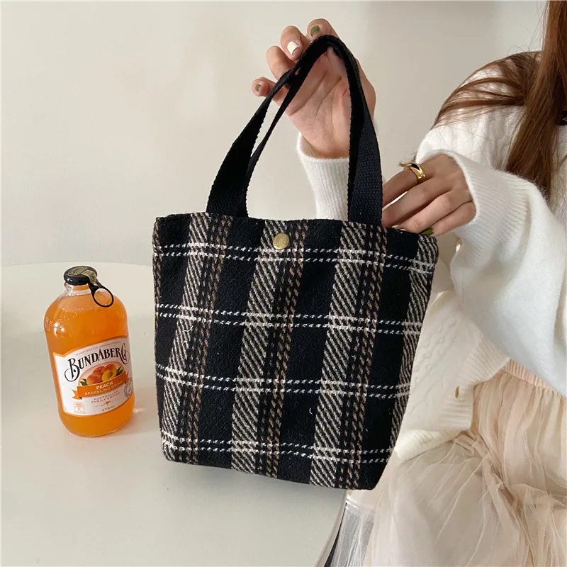 

Emerald New Japanese And Korean Simple Ins Woolen Lunch Bag Literary Small Fresh Plaid Handbag Lunch Bag Lunch Bags For Women