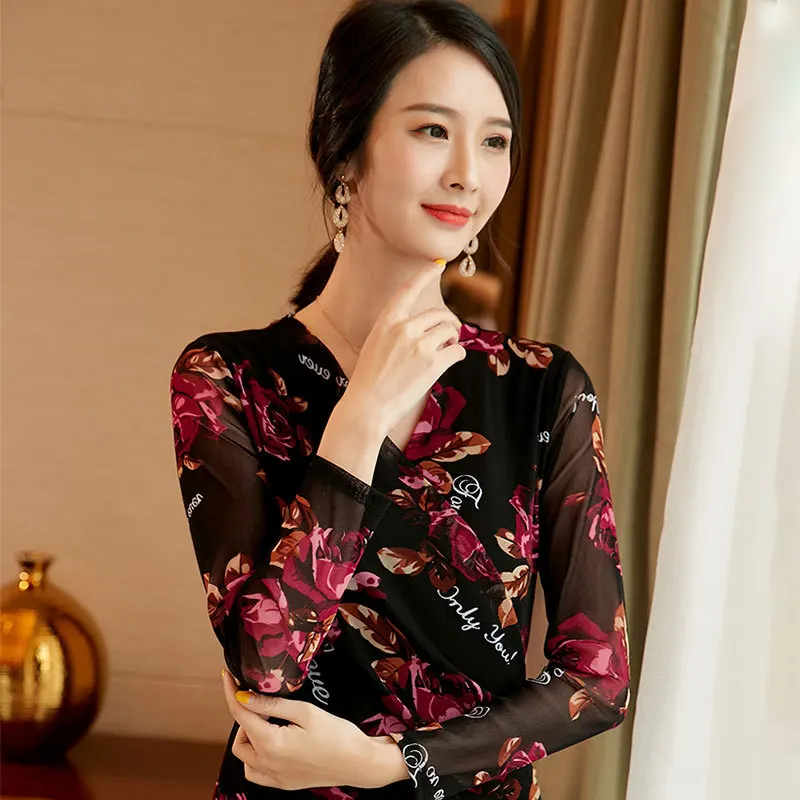

4XL Plus size women blouse shirt New 2020 Spring long sleeve Flower print V-neck mesh shirt Women tops
