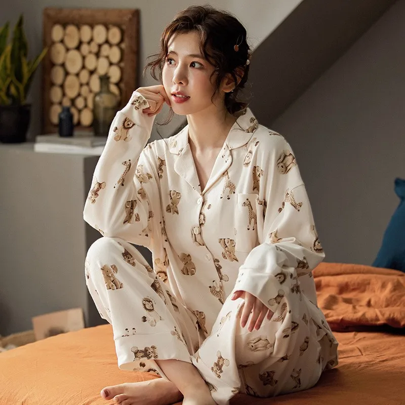

2pcs New Style Pure Cotton Pajamas Suit Women Cute And Sweet Spring And Autumn Long-sleeved Plus Size Home Service Cotton Thin