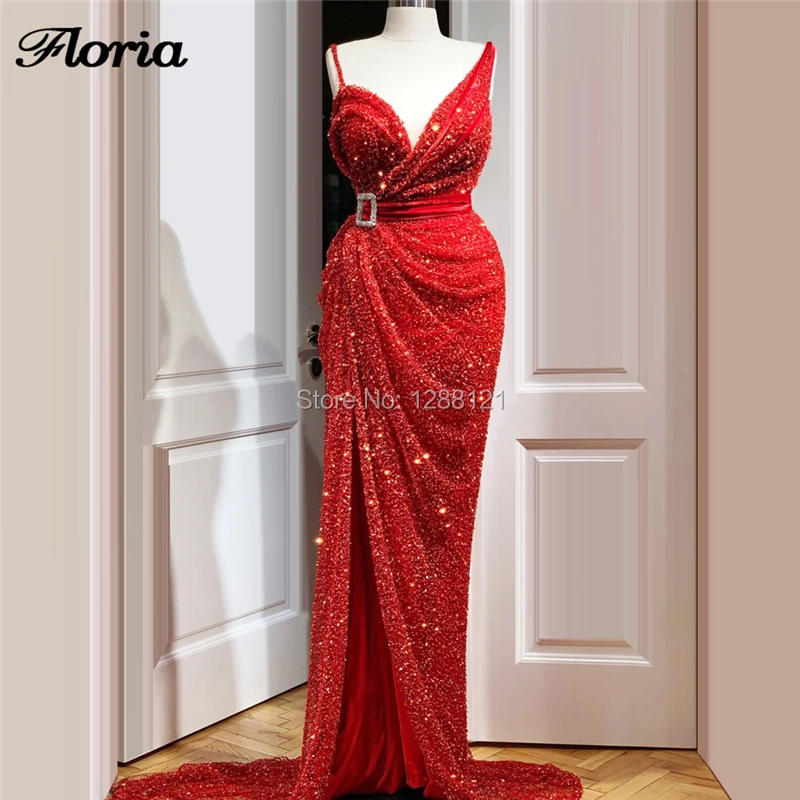 Красные вечерние платья с высоким разрезом и боковыми бусинами 2020 вечернее