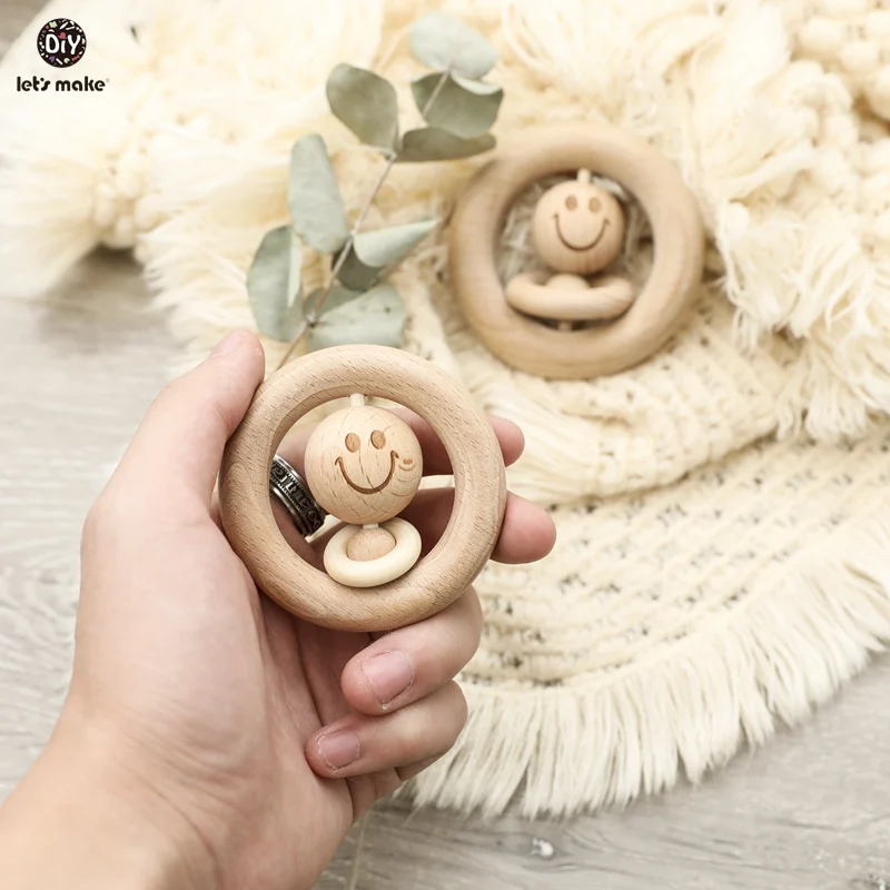 Let's Make Baby Wooden Rattle Bed Bell Wooden Ring 70mm/80mm Beech Wood Smiley Face 1PC Educational Toys Rattles For Newborns