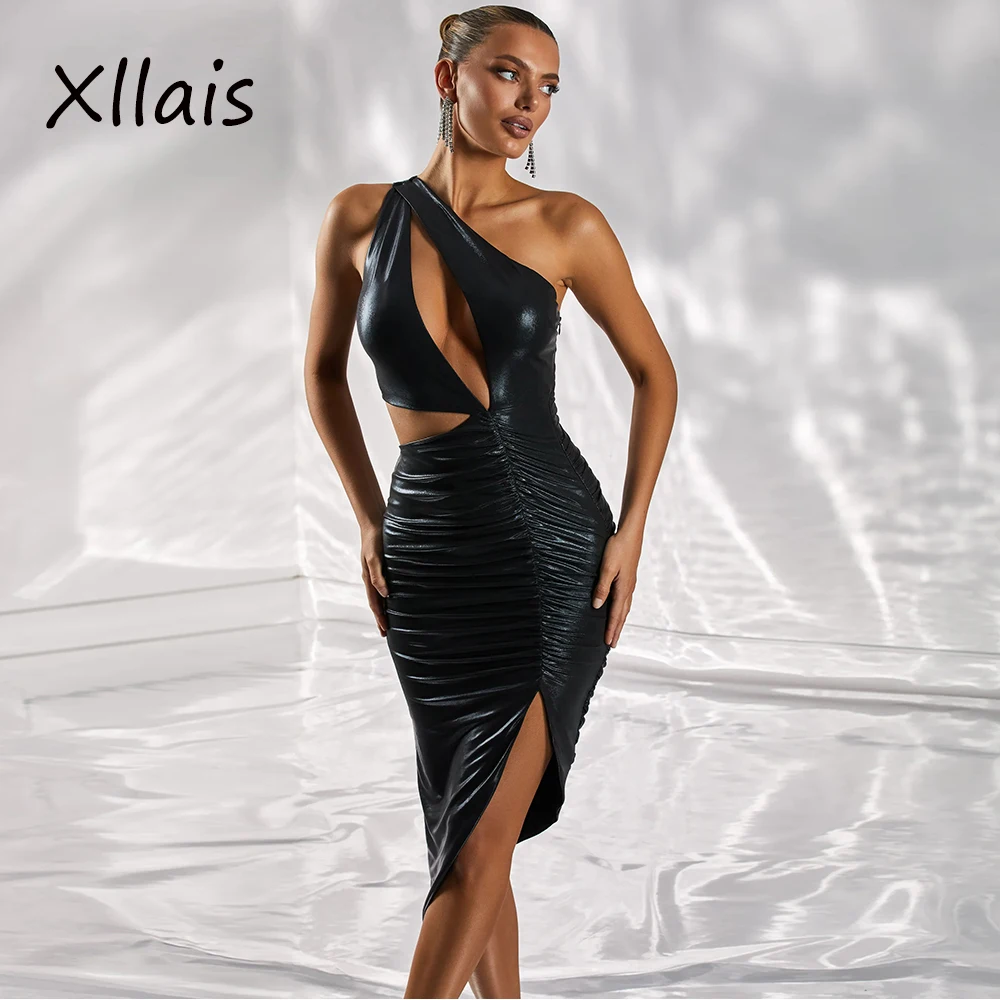 

Платье-макси с разрезом на плечах, из ПУ кожи