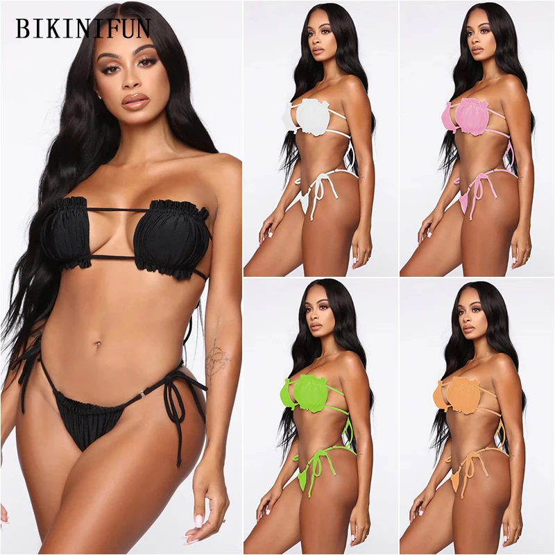 

New Sexy Ribbed Bikini Set Women Solid Color Swimsuit Strapless Bralette Swimwear S-L Girl Backless Bathing Suit Beachwear