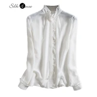 fungus edge stand collar white silk long sleeve shirt female mulberry silk printed shirt versatile top autumn