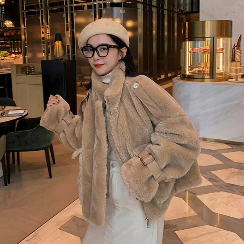 Короткое женское пальто из овечьей шерсти Зимняя Толстая свободная Милая