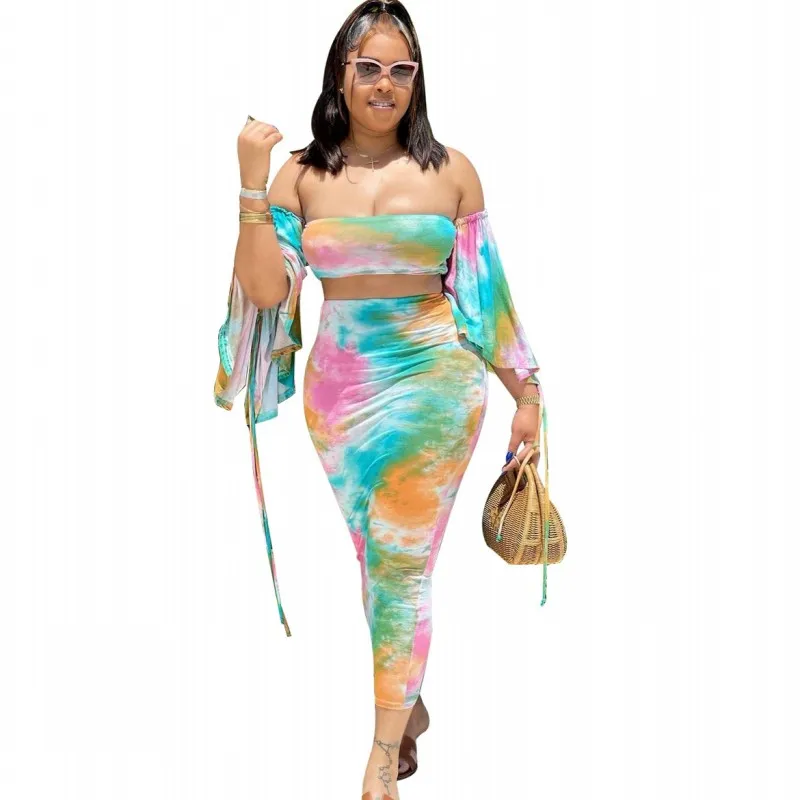 

Комплект из двух предметов, Женская длинная юбка без бретелек с расклешенными рукавами, летняя одежда, новые элегантные пляжные сексуальны...