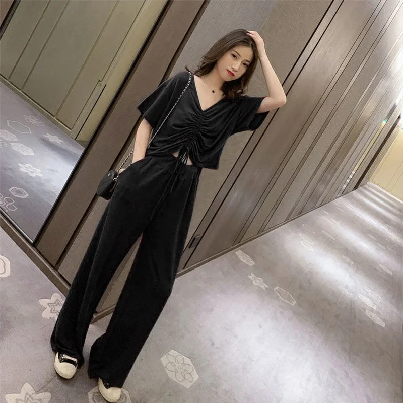 

Women Solid 2 Pieces Sets V-neck Short Sleeve Drawstring Tops High Waist Wide Long Pants Female Set Summer Autumn Casual Suits