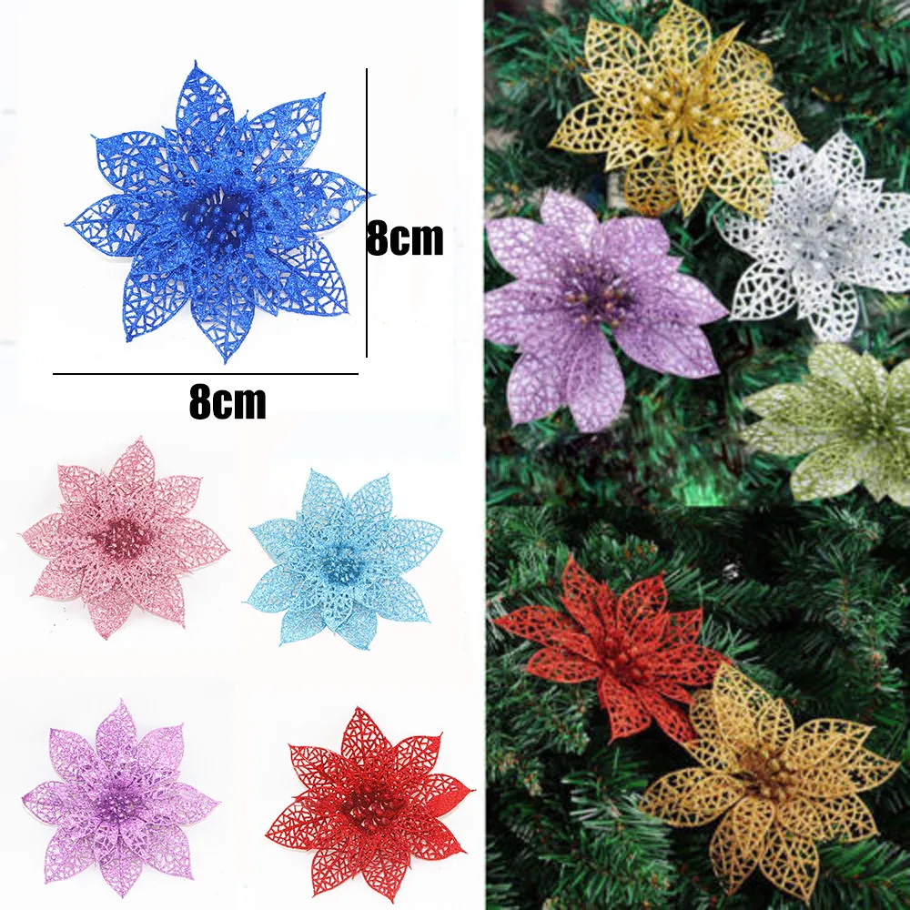 

10Pcs/Set Christmas Flowers Trees Xmas Decor Glitter Wed Birthday Party 8cm christmas decorations for home indoor New Year
