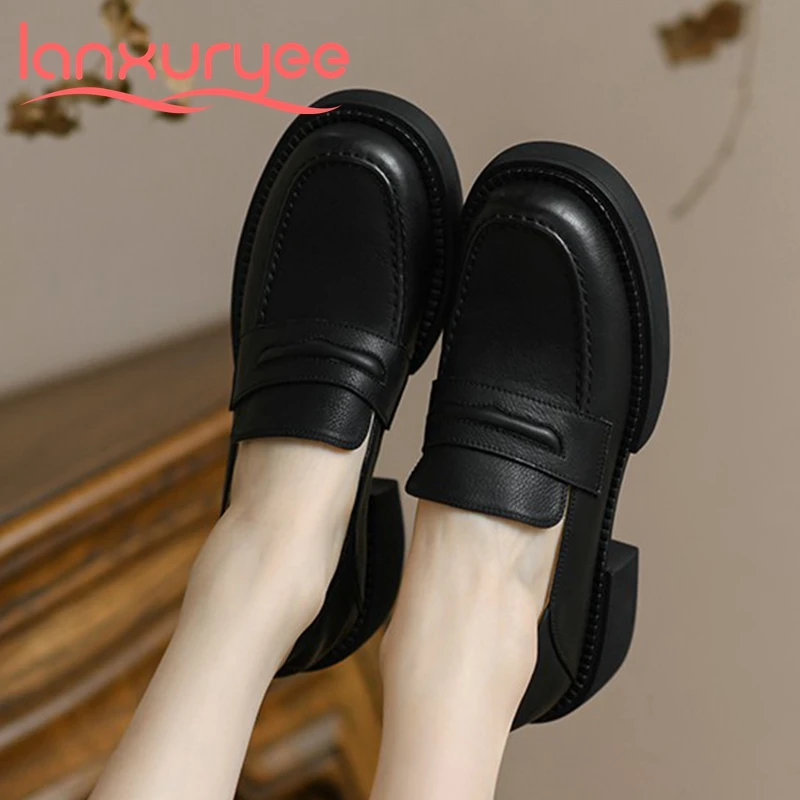 

Lanxuryee novelty basic causal shoes sewing thick bottom med heels full grain leather round toe patchwork spring women pumps l82