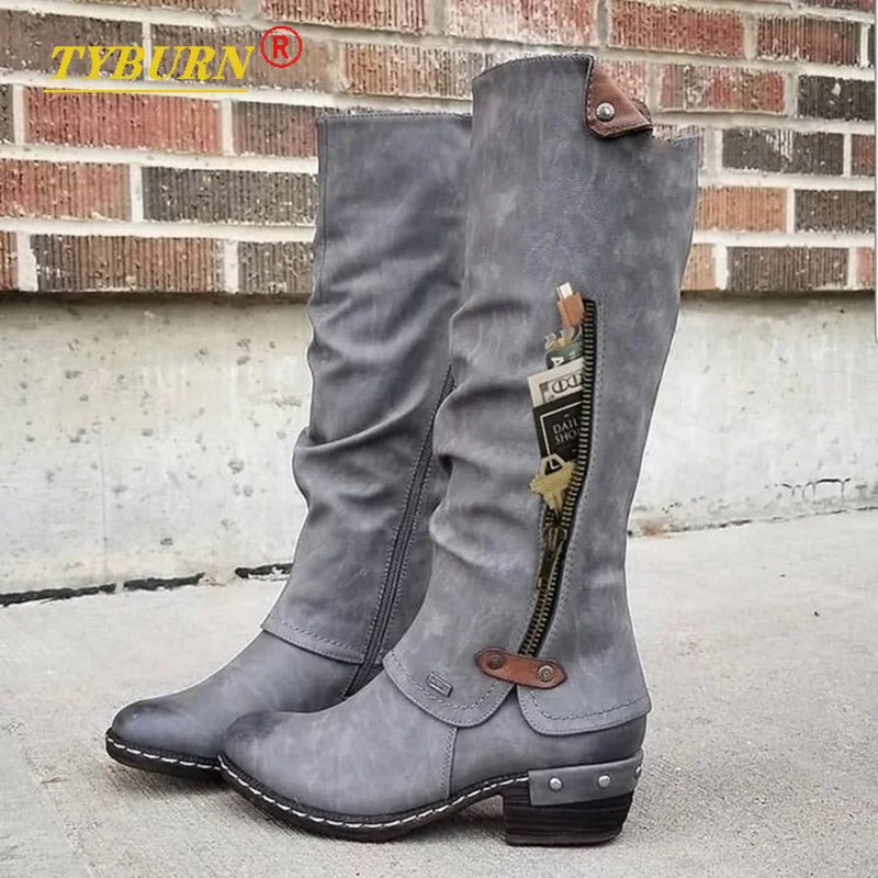 

2022 Women's Knee High Boots Winter Western Punk Boots TYBURN Fashion Warm Shoes Side Zipper Women Cowboy Boots Botines De Mujer