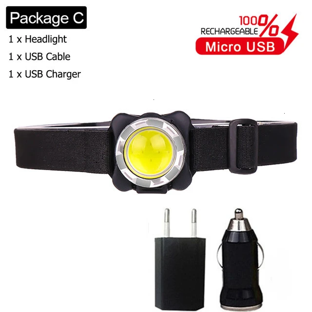 Package C Светодиодный мини-фонарь на открытом воздухе, красный белый свет, Micro usb зарядка, фара, налобный фонарь, Спортивная вспышка, длительный срок службы батареи - Испускаемый цвет: Package C