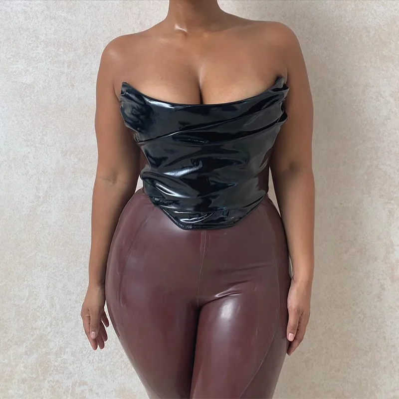 

Summer New Fashion Sexy PU Bra Tank Top For Women 2021 Short Slim Soild Slash Neck Glossy Leather Tight Crop Top