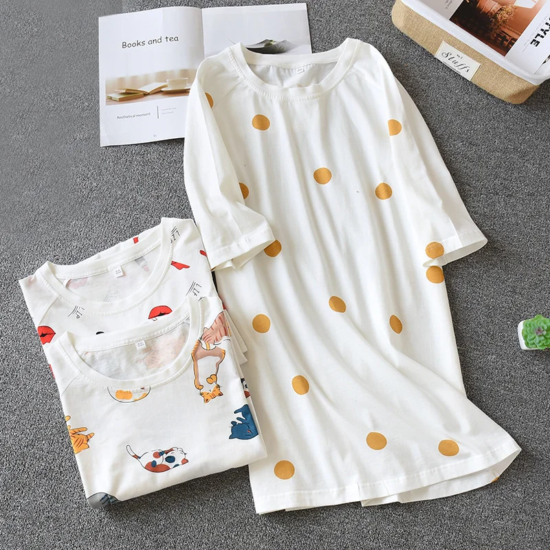 

Spring and summer new Nightgowns 100% cotton printing loose large size home service ladies night skirt thin section short sleeve