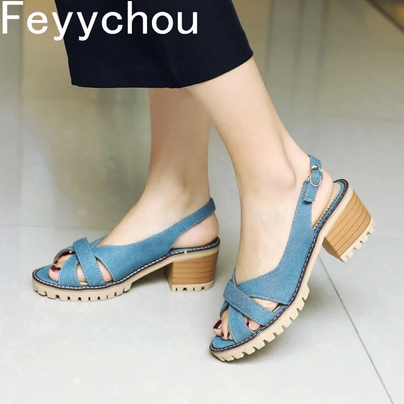 Сандалии женские джинсовые с открытым носком босоножки из денима на среднем