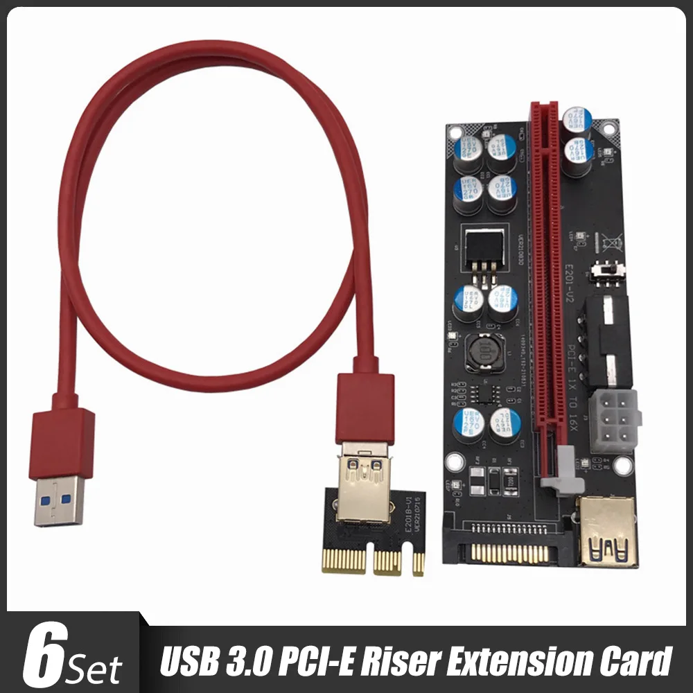 

6 шт., USB 3.0 PCI-E Райзер, карта расширения PCI Express 1X до 16x, Райзер-адаптер, карта с кабелем питания