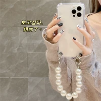 fashion clear anti fall pearl chain wristband female soft case for iphone 11 12 13 pro max 7 8 plus xr x xs phone cover fundas