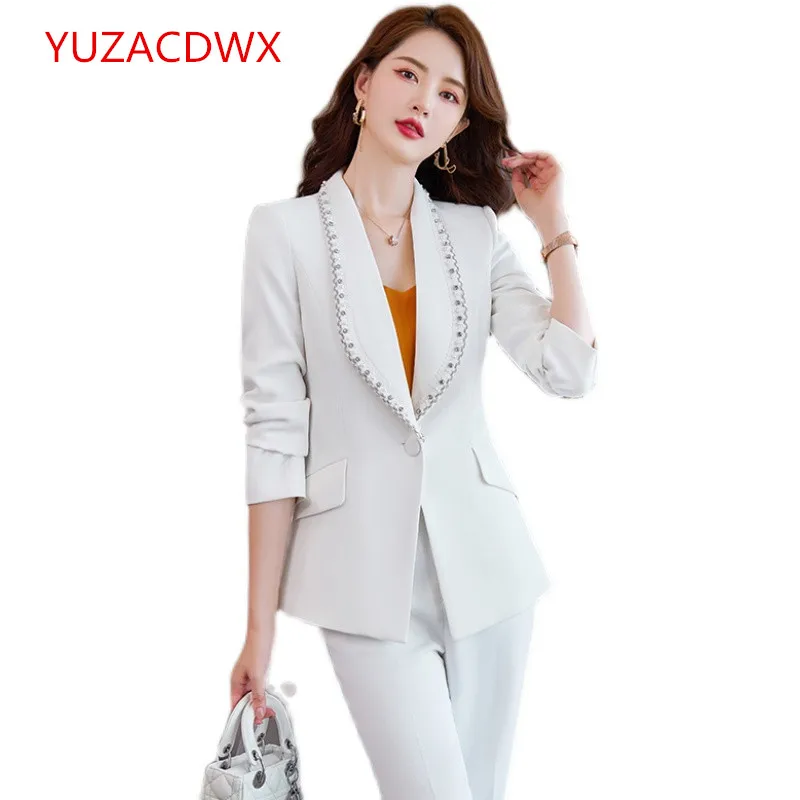 YUZACDWX White Pant Suit Set 2 Piece Purple Black Color Fashion Style for Office Ladies Career Formal Wear Winter