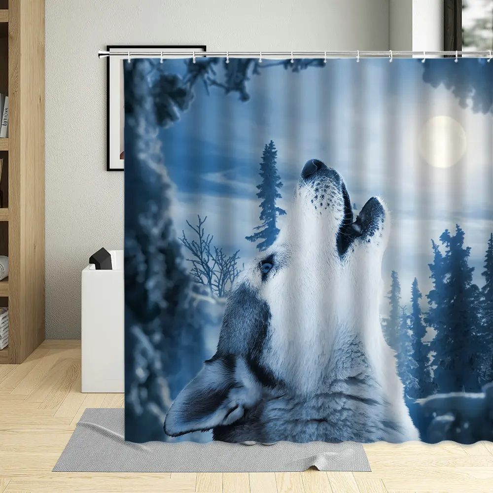 

Wolf Flock Howl Full Moon Wilderness Shower Curtain Snow Dark Forest Wild Animal Bathtub Decor Waterproof Bathroom Curtains