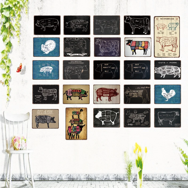Мясной магазин кусков свинины в стиле потертый шик Олово Признаки Винтаж