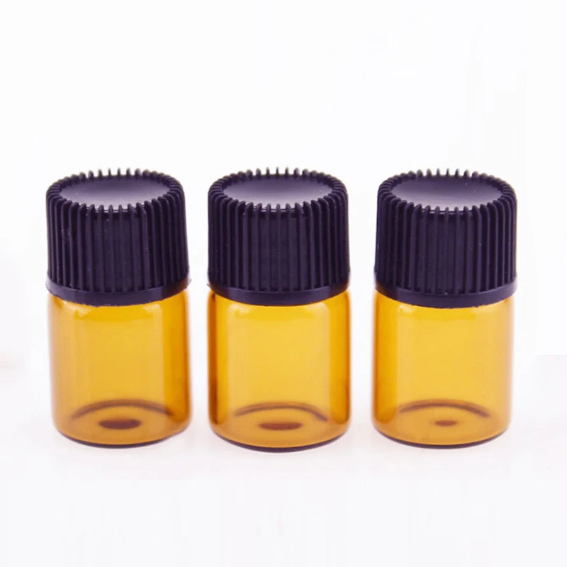 

High Quatity 1ml 2ml 3ml Amber Glass Vials, 100pcs Mini Essential Oil Bottles with Orifice Reducer & Black Plastic Cap контейнер