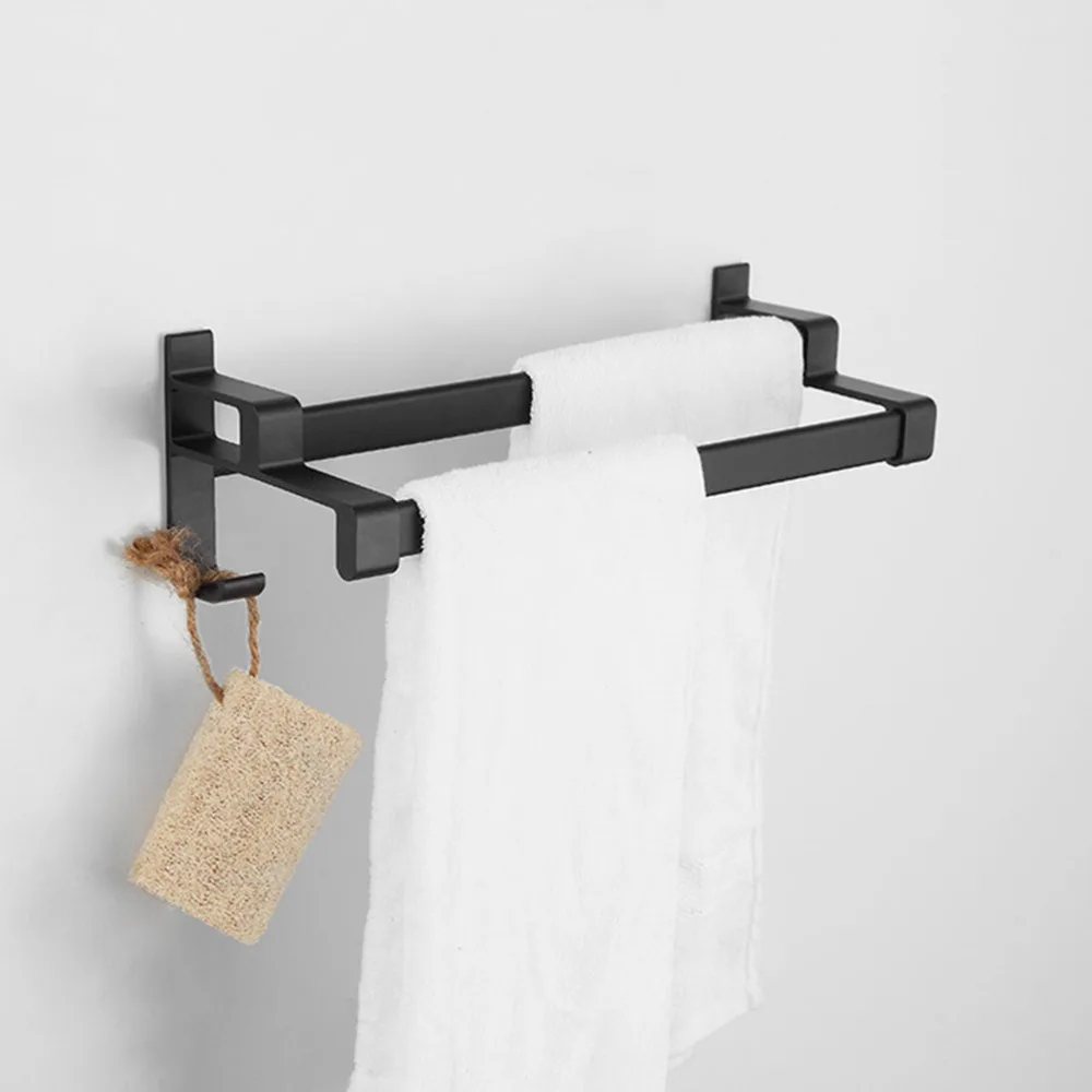 

1Pc Non-punch Towel Bar Bathroom Hook Double Rods Rack Storage Rack Towel Storage Rack Black (40CM with Nail-free Glue)
