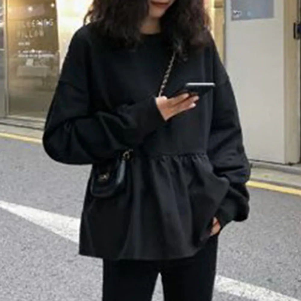 

Autumn New Hoodie Women Solid Color Splicing Ruffle Yellow Round Neck Long Sleeve Korean Fashion Casual Loose Women 2021