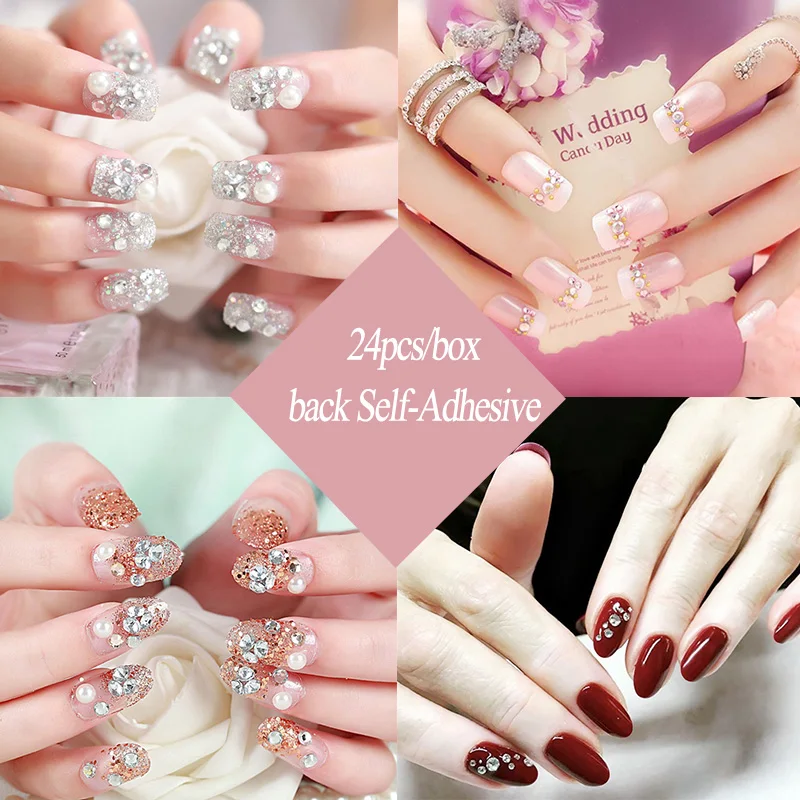 24 шт. акриловое полное покрытие для дизайна ногтей с клеем невесты блестящие