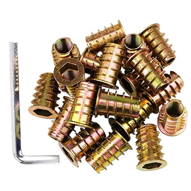 

100Pcs 1/4inch-20 x 15mm Furniture Screw in Nut Threaded Wood Inserts Bolt Fastener Connector Hex Socket Drive
