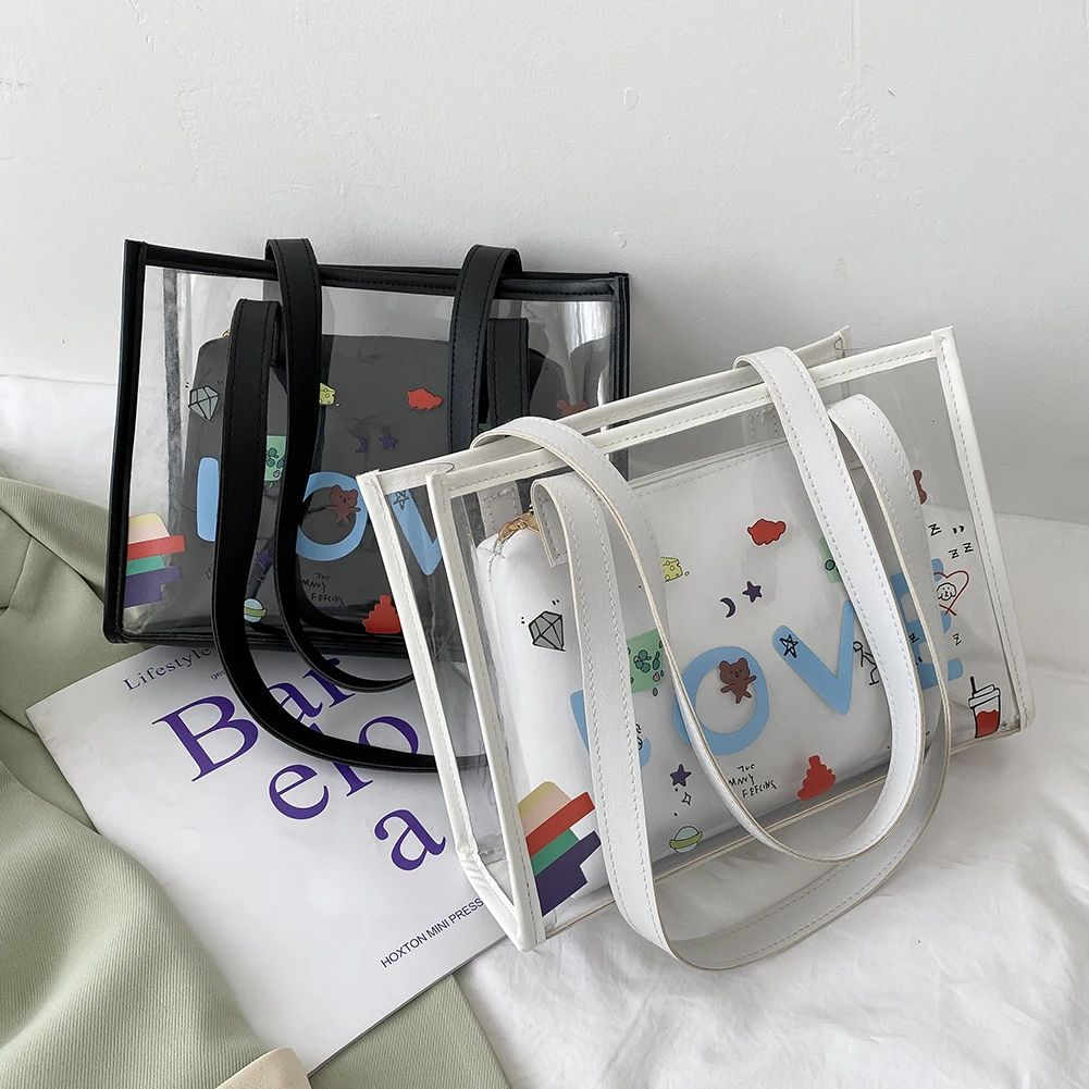 

Fashion Women 2pcs Composite Bags Transparent Cartoon Printing Patchwork Shopping Shoulder Bag Casual Ladies Tote Handbags Purse