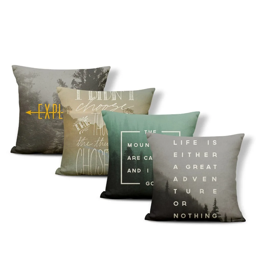 Наволочка в стиле ретро серый текст пейзаж лес стрела океан квадратная подушка